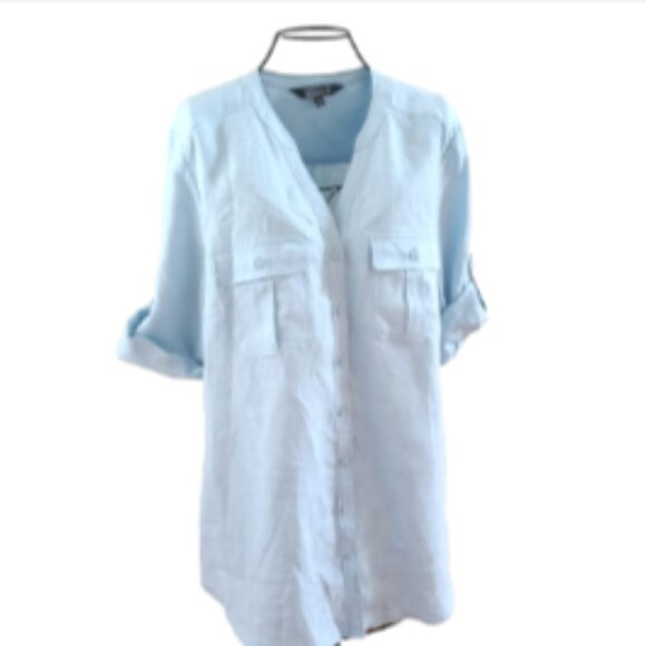NWOT Nicole Miller Linen Button Up 3/4 Roll Tab Sleeve Top Pockets sz L Sky Blue - Picture 1 of 14